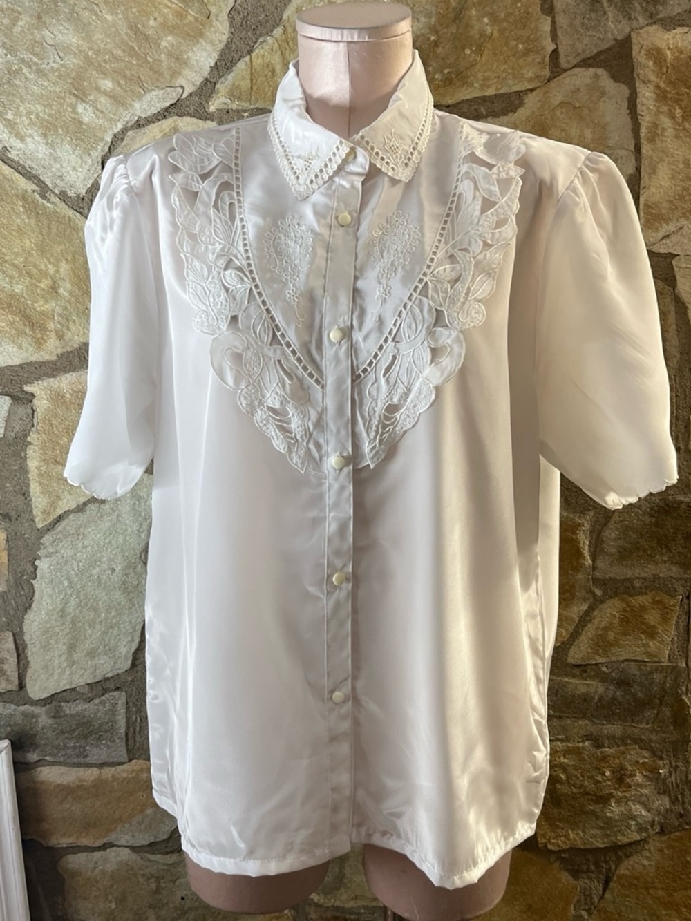 Vintage Cavalier White Satin Lace Embroidered Button Front Blouse